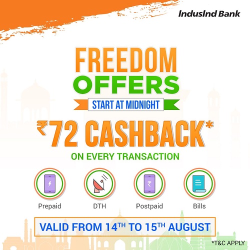 India Desire : IndusMobile Freedom Offers : Get Upto Rs 72 Cashback On Every Transaction On IndusMobile App [14th To 15th August 2018]